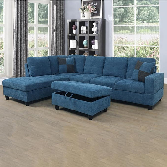 Sectional Sofa, Modern L-Shaped Modular Couch Upholstered 6 Seaters Sofa&Couch with Storage Ottoman, Living Room Furniture Set for Small Apartment, Blue-AD - LeafyLoom