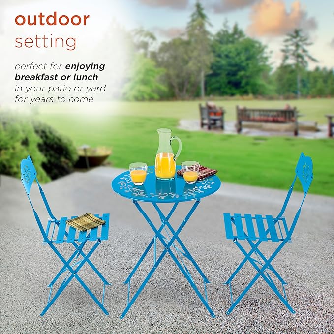 Alpine Corporation Indoor/Outdoor 3-Piece Bistro Set Folding Table and Chairs Patio Seating, Blue - LeafyLoom