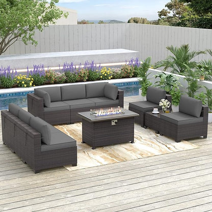 Patio Furniture Sectional Sofa Set 10-Pieces PE Rattan Patio Conversation Set w/43in Gas Fire Pit Table, Outdoor Furniture with 55000 BTU Propane Fire Pit, Grey - LeafyLoom