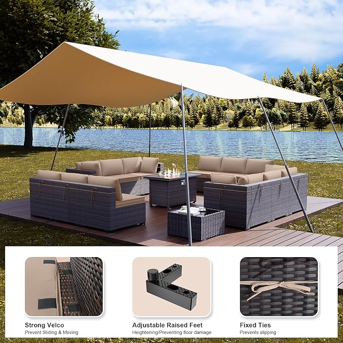 Kullavik 15 Pieces Outdoor Patio Furniture Set with 43" 55000BTU Gas Propane Fire Pit Table PE Wicker Rattan Sectional Sofa Patio Conversation Sets,Khaki - LeafyLoom