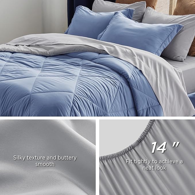 Bedsure Infinity Blue California King Size Comforter Set - 7 Pieces Reversible California King Bed in a Bag, California King Infinity Blue and Grey Bed Set with Comforters, Sheets, Pillowcases & Shams - LeafyLoom