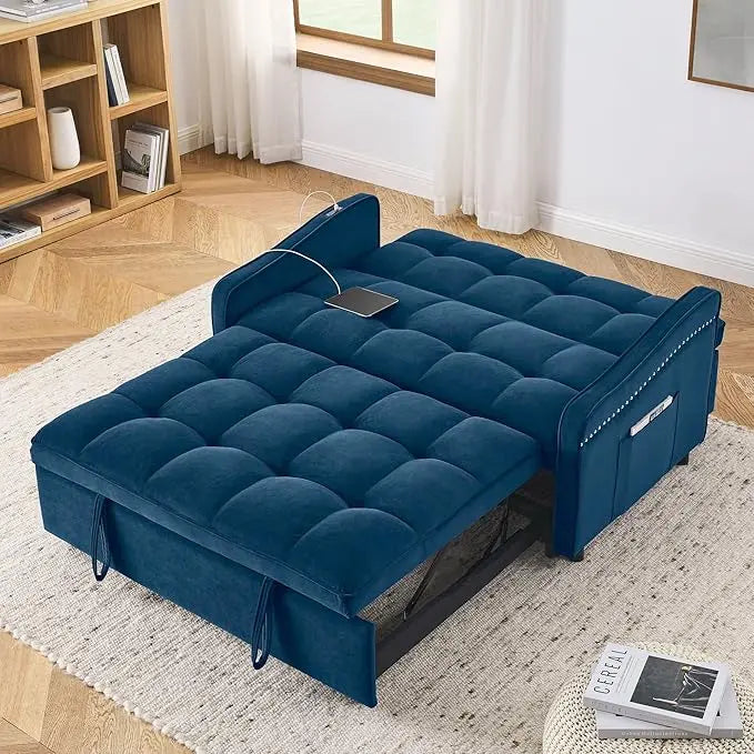 Tufted Convertible Futon Loveseat Pull Out Couch Bed 3 in 1 Velvet Upholstered Sleeper Sofa Recliner Love Seat Lounge Chaise Daybed with Adjustable Backrest Type C and USB Charging for Living Room - LeafyLoom