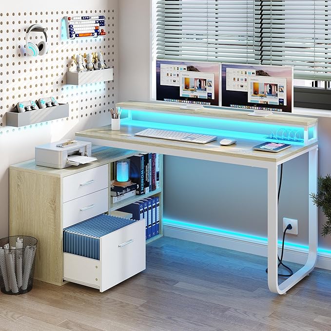 YITAHOME L Shaped Desk with Power Outlets & LED Lights & File Cabinet, 55" Corner Computer Desk with 3 Drawers & 2 Storage Shelves, Home Office Desk with Monitor Stand, Oak & White - LeafyLoom