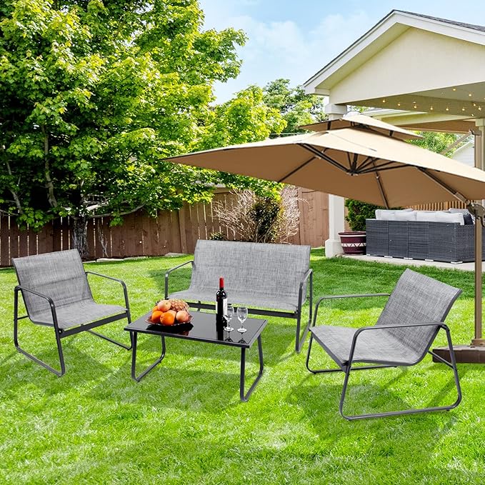 4 Pieces Patio Furniture Set Outdoor Patio Conversation Sets Poolside Lawn Chairs with Glass Coffee Table Porch Furniture for Courtyard, Garden and Balcony (Grey) - LeafyLoom