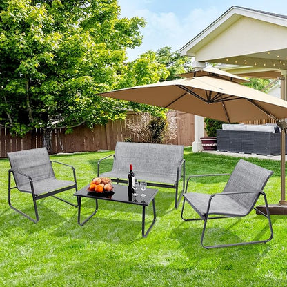 4 Pieces Patio Furniture Set Outdoor Patio Conversation Sets Poolside Lawn Chairs with Glass Coffee Table Porch Furniture for Courtyard, Garden and Balcony (Grey) - LeafyLoom