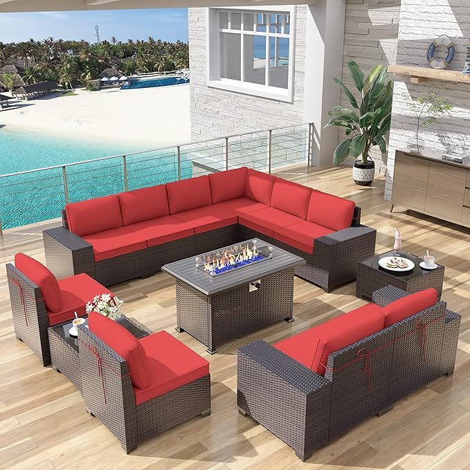 Patio Furniture Sectional Sofa Set 13-Pieces PE Rattan Patio Conversation Set w/43in Gas Fire Pit Table, Outdoor Furniture with 55000 BTU Propane Fire Pit, Red - LeafyLoom