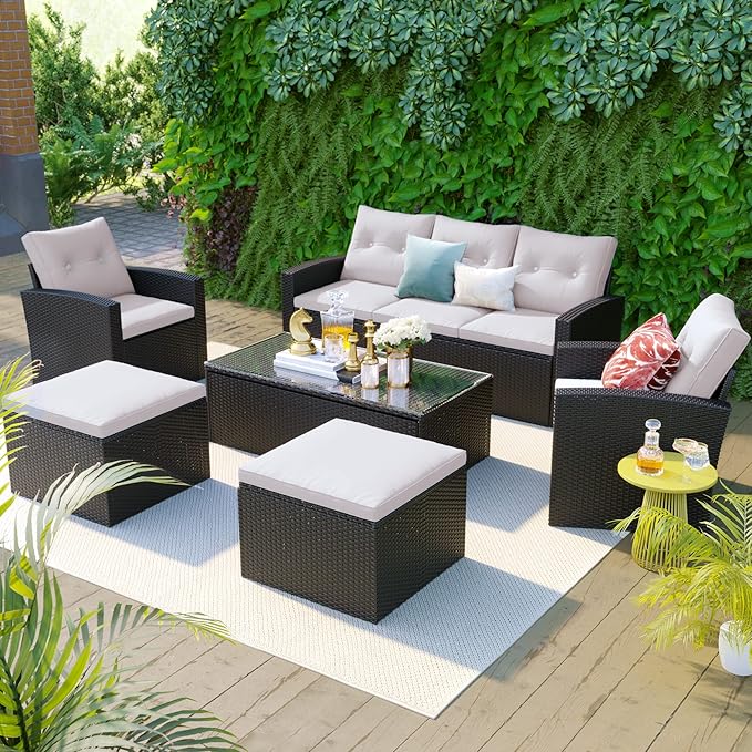 Merax 6 PCS Outdoor Patio Conversation Sets All-Weather PE Sectional Furniture with Coffee Table, Ottomans, Beige - LeafyLoom