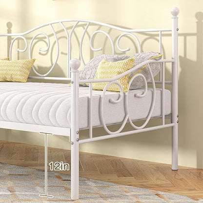 VECELO Twin Daybed Frame, Metal Day Bed with Classic Headboard, Multifunctional Platform Beds for Bedroom, Living Room, Guest Room, No Boxing Spring Needed, White - LeafyLoom