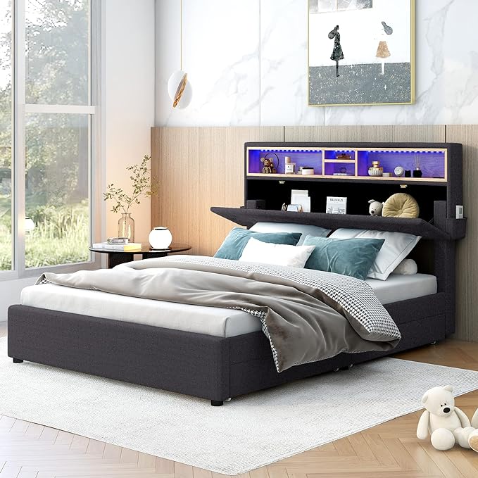 Full Size Bed Frame with LED Headboard, USB Charging, Upholstered Platform Bed with Storage Drawers and Headboard, No Box Spring Needed, Dark Gray - LeafyLoom