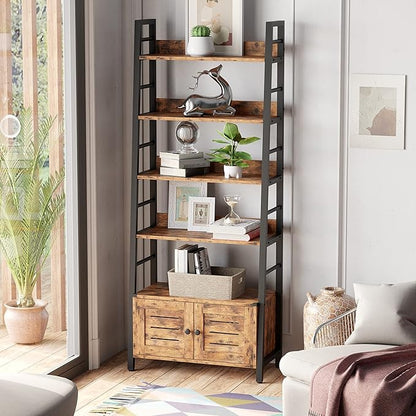 IRONCK Bookshelf with Louvered Doors, 4-tier Ladder Shelf with Cabinet Industrial Accent Furniture for Bedroom Living Room Home Office, Rustic Brown - LeafyLoom