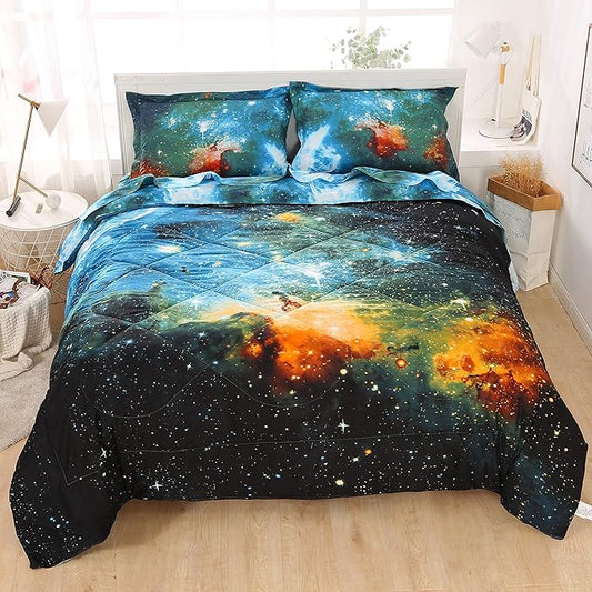 Wowelife Full Bedding Sets for Girls and Boys 5-Piece, Premium Galaxy Bed in a Bag, 3D Galaxy Comforter Set, Comfortable and Soft Kids Bedding Set(Full, Coloful Galaxy) - LeafyLoom