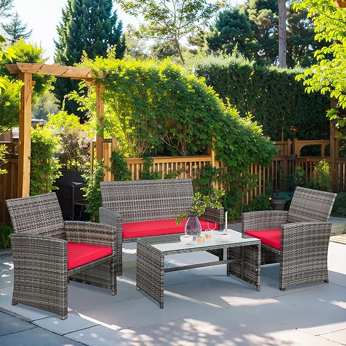 Shintenchi 4-Piece Outdoor Gray Wicker Patio Conversation Furniture Set, Rattan Patio Furniture Set with Weather Resistant Cushions and Tempered Glass Tabletop,Red - LeafyLoom