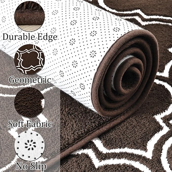 Chicrug Shag Geometric Modern Runner Rug for Bedroom, 2x6 Feet Memory Foam Indoor Hallway Runner Carpet, Fluffy Rug for Living Room Bedside Room Decor for Family, Brown/White - LeafyLoom