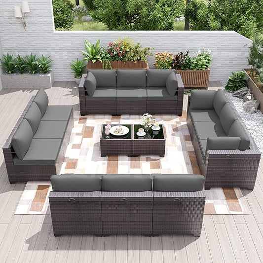 Patio Furniture Set 14-Pieces Outdoor Furniture for Backyard Wicker Sectional Sofa Set, Rattan Patio Conversation Set with Thickened Cushions and Glass Coffee Table, Grey - LeafyLoom