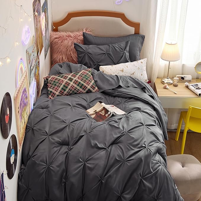 Bedsure Twin Comforter Set with Sheets - 5 Pieces Twin Bedding Sets, Pinch Pleat Dark Grey Twin Bed in a Bag with Comforter, Sheets, Pillowcase & Sham - LeafyLoom