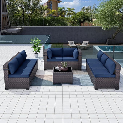 Patio Furniture Set 9-Pieces Outdoor Furniture for Backyard Wicker Sectional Sofa Set, Rattan Patio Conversation Set with Thickened Cushions and Glass Coffee Table, Navy Blue - LeafyLoom