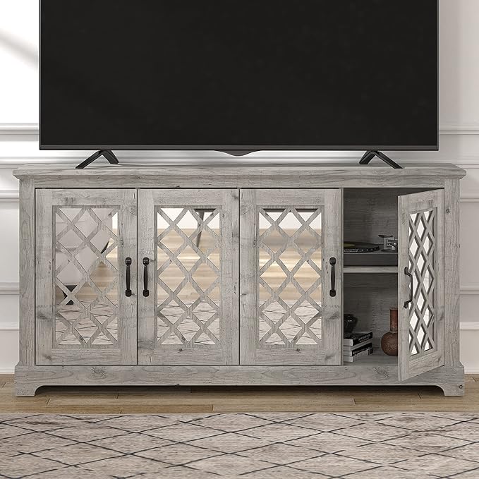 Galano Millicent TV Stand for 65+ Inch TV, Tall Entertainment Center with Mirror Doors, Rustic Media Console with Storage Shelves, Wood Television Stand for Living Room, Mexican Grey - LeafyLoom