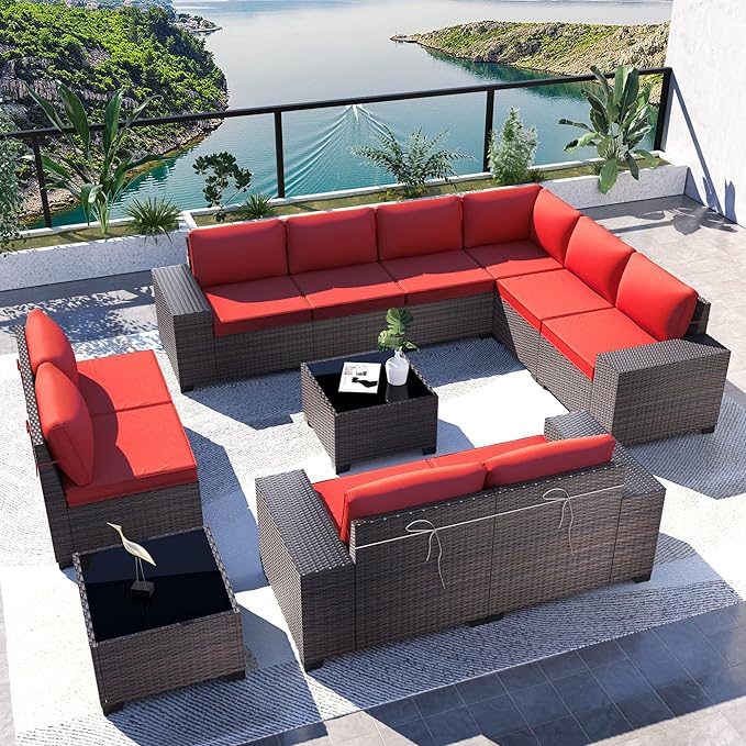 Kullavik 12PCS Outdoor Patio Furniture Set PE Wicker Rattan Sectional Sofa Patio Conversation Sets,Red - LeafyLoom