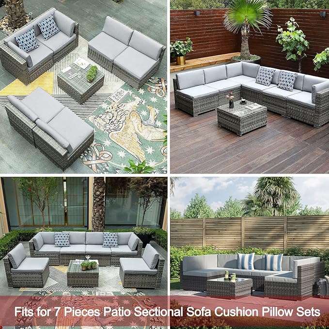 ClawsCover 14Pack Outdoor Patio Seat and Back Cushions Replacement Covers Fit for 7Pieces 6-Seater Wicker Rattan Sectional Couch Chair Furniture Set,Gray-Include Cover Only (Large) - LeafyLoom