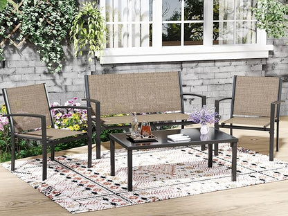 Greesum 4 Pieces Patio Furniture Set, Outdoor Conversation Sets for Patio, Lawn, Garden, Poolside with A Glass Coffee Table, Brown - LeafyLoom