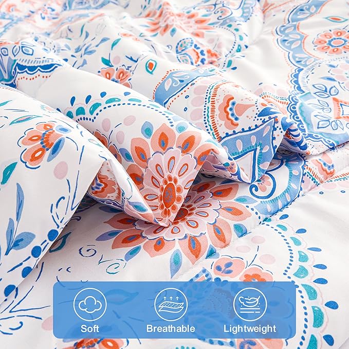 Printed Queen Bedding Sets with Comforter and Sheets, Lightweight Boho Floral 7 Piece Bed in A Bag Comforter Set for Women, Pink and Blue Mandala Flower Pattern - LeafyLoom