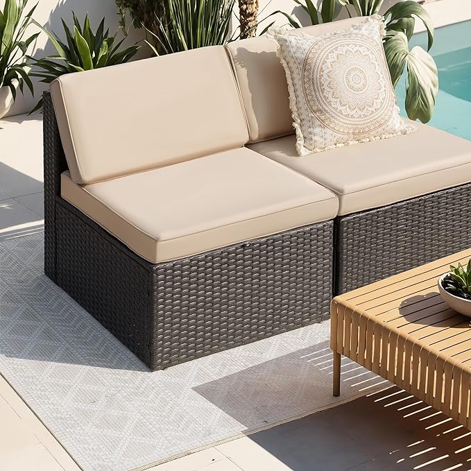 Greesum 2 Piece Patio Conversation Set Wicker Rattan Furniture Outdoor Sofa with Cushions,Pillows and Glass Table for Porch,Lawn and Yard, Beige - LeafyLoom