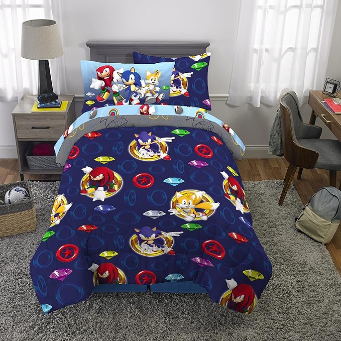 Franco Kids Bedding Super Soft Comforter and Sheet Set with Sham, 5 Piece Twin Size, Sonic The Hedgehog, Anime - LeafyLoom