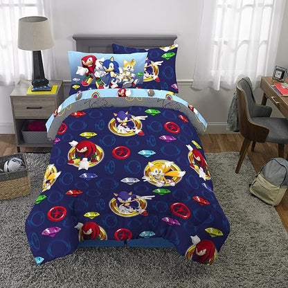 Franco Kids Bedding Super Soft Comforter and Sheet Set with Sham, 5 Piece Twin Size, Sonic The Hedgehog, Anime - LeafyLoom