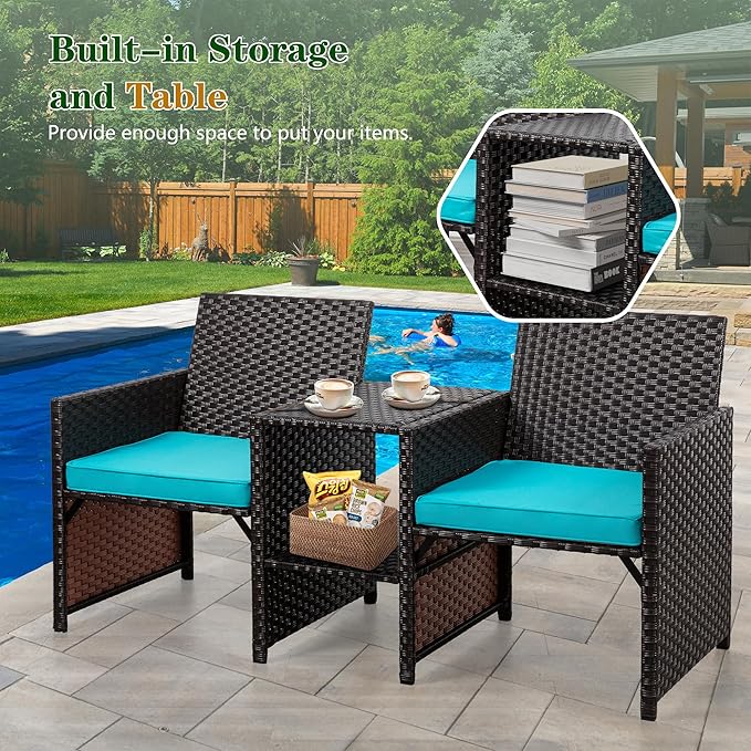 Shintenchi Wicker Patio Conversation Furniture Set with Detachable Chairs & Table and Two Removable Cushions,Rattan Wicker Lover Chair for Patio,Garden, Courtyard and Lawn Backyard (Blue) - LeafyLoom