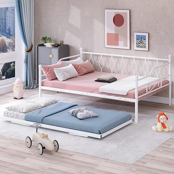 Full Daybed with Trundle, Metal Day Bed with Pull Out Trundle, Sofa Bed with Twin Size Portable Folding Trundle, Bed Frame for Bedroom, Living Room, Guest Room, Home, No Box Spring Needed, White - LeafyLoom