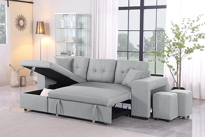 RITSU Reversible Sectional Sofa with Pull Out Loveseat Sleeper Bed Storage Space and 2 Stools, Corner Couch with Side Cabinets, Suitable for Living Room, Apartment Light Gray, 95.27inch - LeafyLoom