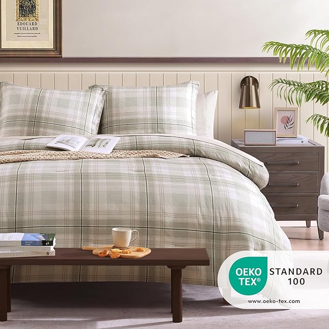 Beige Queen Bed Set, Khaki Green Plaid Comforters Queen Size for Boys & Girls,Classic Homestead-style Queen Size Comforter Sets with Sheets and Comforter Set - LeafyLoom