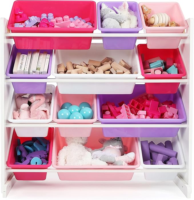 Humble Crew Kids' Toy Storage Organizer with 12 Plastic Bins, Pink&Purple, White/Purple/Pink - LeafyLoom