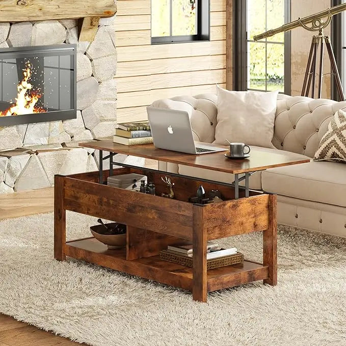 WLIVE Coffee Table, 47" Lift Top Coffee Table with Hidden Compartment and 2 Storage Shelves for Living Room, Rustic Brown - LeafyLoom