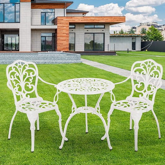 Patio Bistro Set 3 Piece Cast Aluminum Outdoor Bistro Set, Rust Resistance Bistro Table and Chairs of 2 with Umbrella Hole, Small Patio Set for Garden Outside, White - LeafyLoom