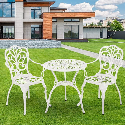 Patio Bistro Sets 3 Piece,Cast Aluminum Bistro Table and Chairs Set of 2 with 1.97" Umbrella Hole,All Weather Bistro Table Set Outdoor Patio Furniture for Garden,Yard(Butterfly White) - LeafyLoom