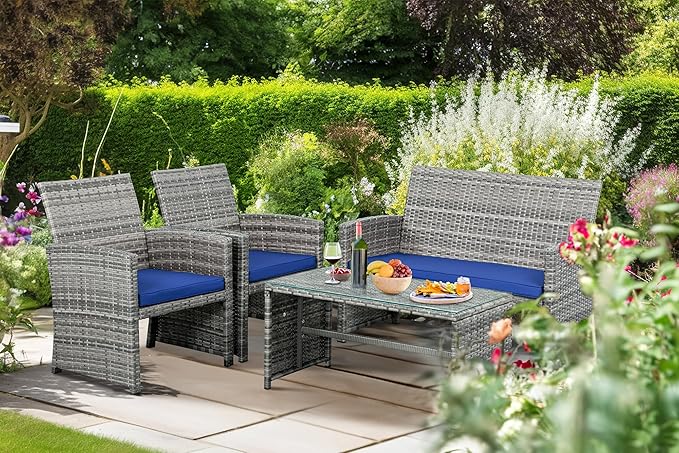 Shintenchi 4-Piece Outdoor Gray Wicker Patio Conversation Furniture Set, Rattan Patio Furniture Set with Weather Resistant Cushions and Tempered Glass Tabletop,Navy Blue - LeafyLoom