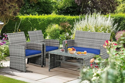 Shintenchi 4-Piece Outdoor Gray Wicker Patio Conversation Furniture Set, Rattan Patio Furniture Set with Weather Resistant Cushions and Tempered Glass Tabletop,Navy Blue - LeafyLoom