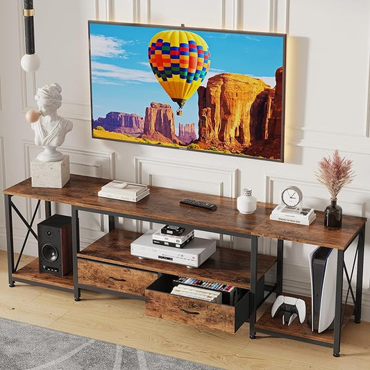 TV Stand with Fabric Drawers for 65 70 75 Inches TV - Entertainment Center and Industrial TV Console Table with Open Storage Shelves for Living Room, Bedroom - 63" Rustic Brown - LeafyLoom