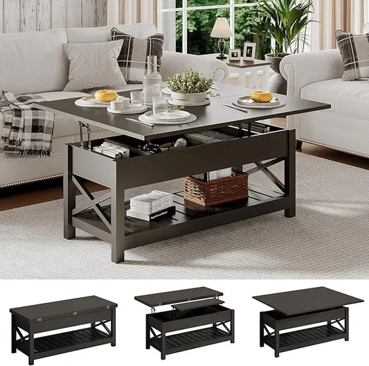 ChooChoo Coffee Table Lift Top, Multi-Function Convertible Coffee Table with Storage and Hidden Compartment, Coffee Table Converts to Dining Table for Living Room, 40 Black - LeafyLoom