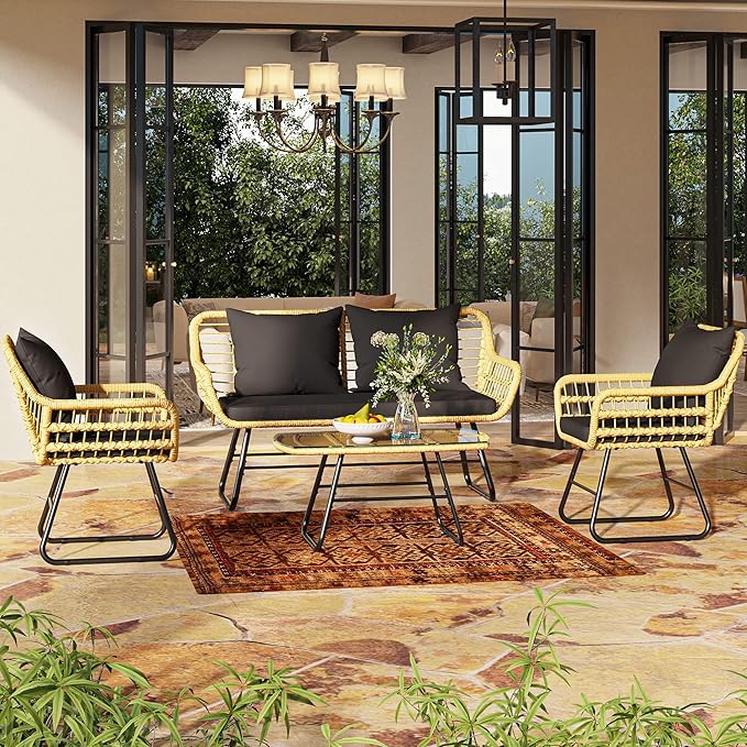 YITAHOME 4-Piece Patio Furniture Wicker Outdoor Bistro Set, All-Weather Rattan Conversation Loveseat Chairs for Backyard, Balcony and Deck with Soft Cushions and Metal Table (Light Brown+black) - LeafyLoom