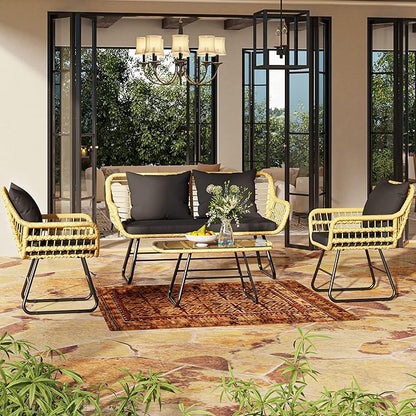 YITAHOME 4-Piece Patio Furniture Wicker Outdoor Bistro Set, All-Weather Rattan Conversation Loveseat Chairs for Backyard, Balcony and Deck with Soft Cushions and Metal Table (Light Brown+black) - LeafyLoom