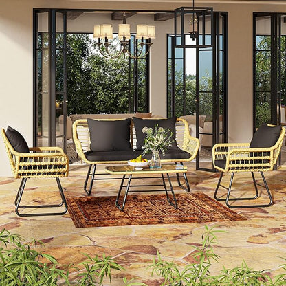 YITAHOME Patio Furniture Wicker Outdoor Bistro Set, 4-Piece All Weather Patio Furniture Rattan Conversation Loveseat Sets for Backyard, Balcony and Deck, Light Brown+Black - LeafyLoom