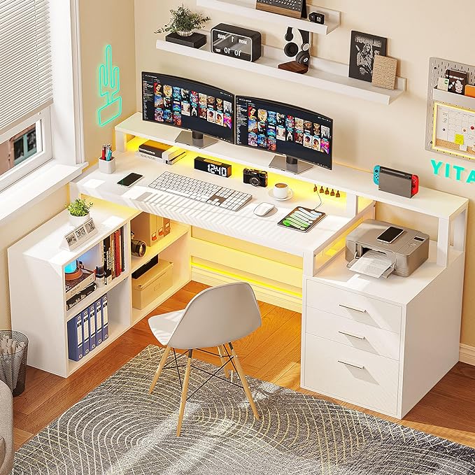 YITAHOME L Shaped Desk with 3 Drawers, 65" Corner Computer Desk with Power Outlets & LED Lights, L-Shaped Desk with File Cabinet & Printer Stand for Home Office, White - LeafyLoom