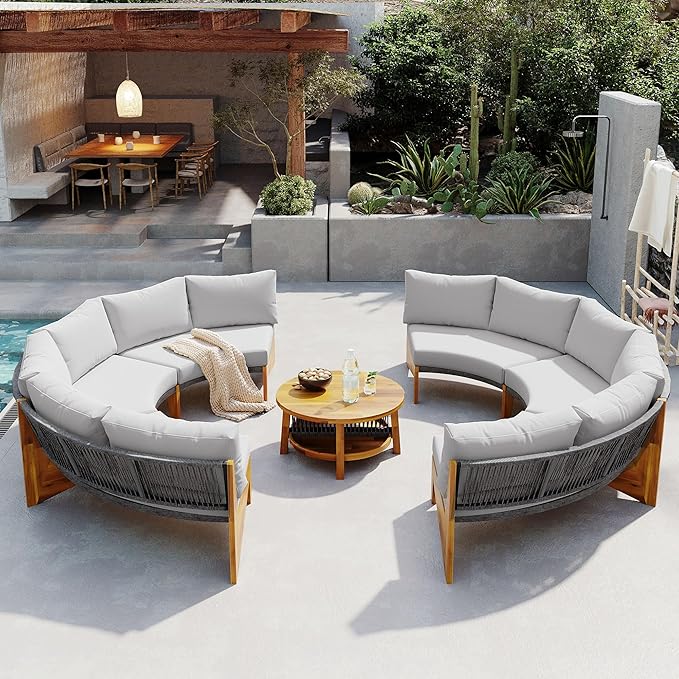 Merax Outdoor Sectional Patio Furniture Sets, Half Moon All Weather Wicker Seating Group, with Cushions and Round Coffee Table, Grey - LeafyLoom