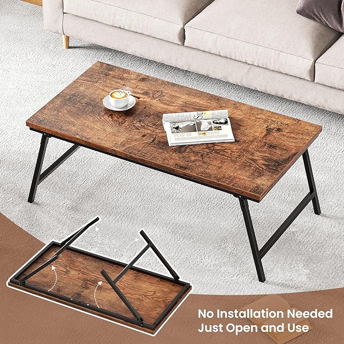 Folding Coffee Table, Leg Latches Portable Sturdy Floor Table Desk for Sitting on The Floor, No Assembly Low Coffee Table for Living Room, Home, Office, Rustic Brown, 41.34L×21.65W×15.75H - LeafyLoom