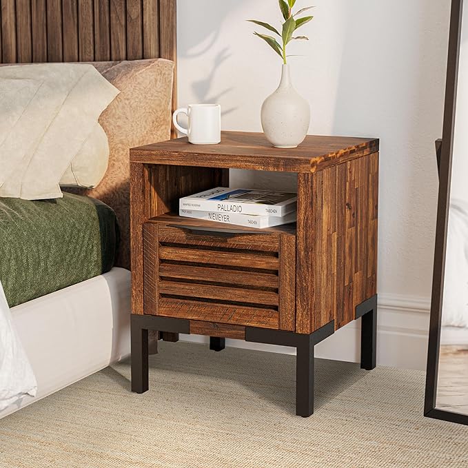 Bme Solid Acacia Wood Nightstand with Drawers & Open Shelf, Pre-Assembled Industrial Modern Living Room, Bedroom, Millie Rustic Side Table, Nighstand Rustic Chesnut - LeafyLoom