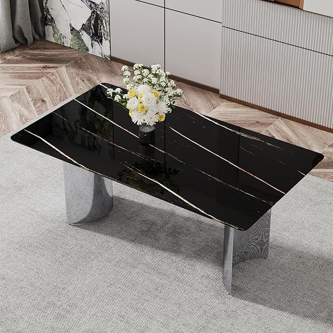 NicBex Modern Minimalist Dining Table Black Imitation Marble Glass Desktop is Equipped with Silver Metal Legs Suitable for Restaurants and Living Rooms, Black + Silver - LeafyLoom