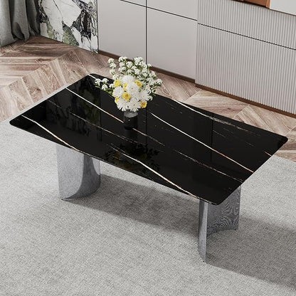 NicBex Modern Minimalist Dining Table Black Imitation Marble Glass Desktop is Equipped with Silver Metal Legs Suitable for Restaurants and Living Rooms, Black + Silver - LeafyLoom