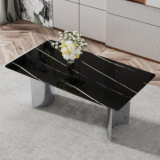 NicBex Modern Minimalist Dining Table Black Imitation Marble Glass Desktop is Equipped with Silver Metal Legs Suitable for Restaurants and Living Rooms, Black + Silver - LeafyLoom